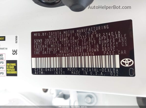 5YFB4MDE5TP388914 2026 TOYOTA COROLLA White Widok komory silnika