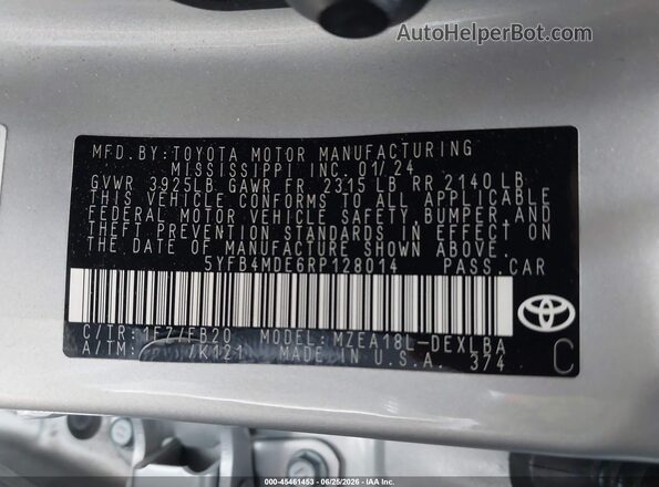 5YFB4MDE6RP128014 2024 TOYOTA COROLLA Silver ძრავის განყოფილების ხედი