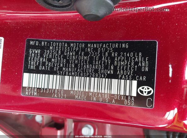 5YFB4MDE6SP269347 2025 TOYOTA COROLLA Red Շարժիչի բաժամունքի տեսք