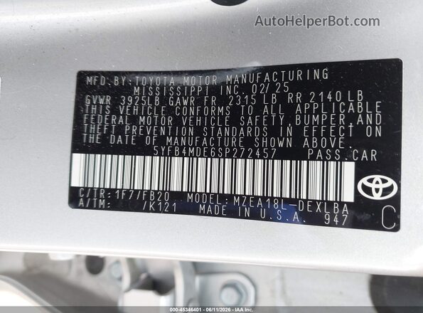 5YFB4MDE6SP272457 2025 TOYOTA COROLLA Gray Widok komory silnika
