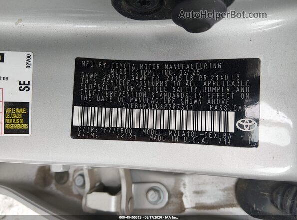 5YFB4MDE6SP287511 2025 TOYOTA COROLLA Silver Widok komory silnika