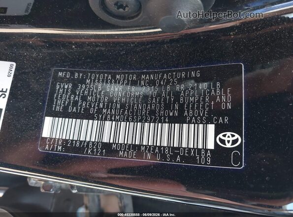5YFB4MDE6SP297214 2025 TOYOTA COROLLA Black Engine compartment view