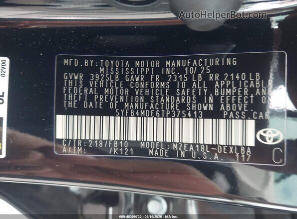 5YFB4MDE6TP375413 2026 TOYOTA COROLLA Black Շարժիչի բաժամունքի տեսք