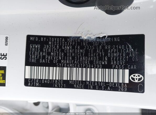 5YFB4MDE6TP384290 2026 TOYOTA COROLLA White ძრავის განყოფილების ხედი