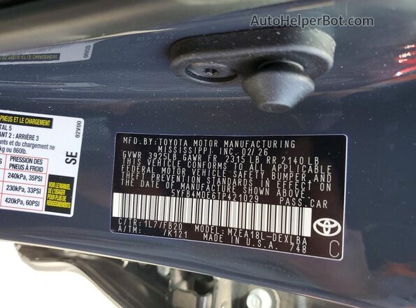 5YFB4MDE6TP421029 2026 TOYOTA COROLLA Серый Вид наклейки с VIN-кодом