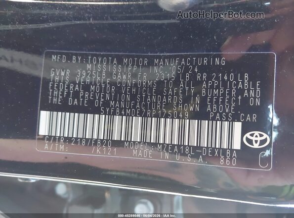 5YFB4MDE7RP175049 2024 TOYOTA COROLLA Black 