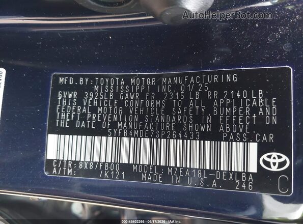 5YFB4MDE7SP264433 2025 TOYOTA COROLLA Dark Blue 