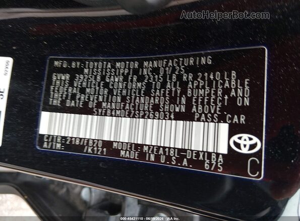 5YFB4MDE7SP269034 2025 TOYOTA COROLLA Black Engine compartment view