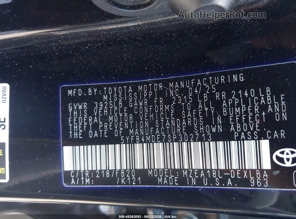 5YFB4MDE7SP302713 2025 TOYOTA COROLLA Черный Вид подкапотного пространства