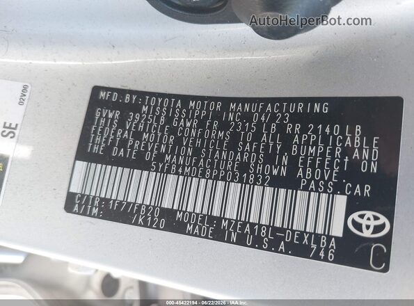 5YFB4MDE8PP031832 2023 TOYOTA COROLLA Серебряный Вид подкапотного пространства