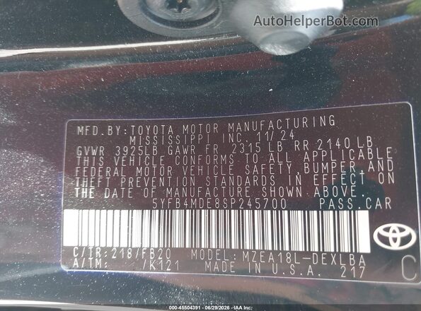 5YFB4MDE8SP245700 2025 TOYOTA COROLLA Black ძრავის განყოფილების ხედი