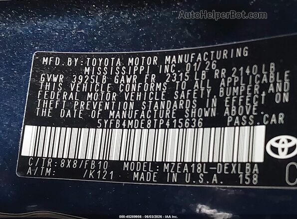 5YFB4MDE8TP415636 2026 TOYOTA COROLLA Blue Вид підкапотного простору