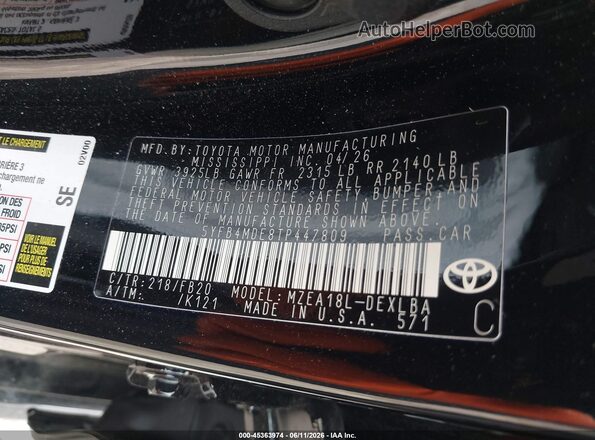 5YFB4MDE8TP447809 2026 TOYOTA COROLLA Black Engine compartment view