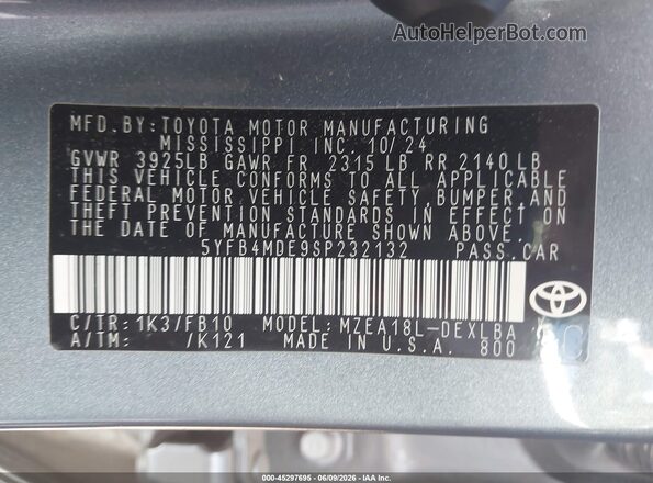 5YFB4MDE9SP232132 2025 TOYOTA COROLLA Gray Engine compartment view