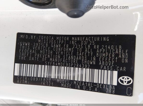 5YFB4MDE9SP284392 2025 TOYOTA COROLLA White Engine compartment view