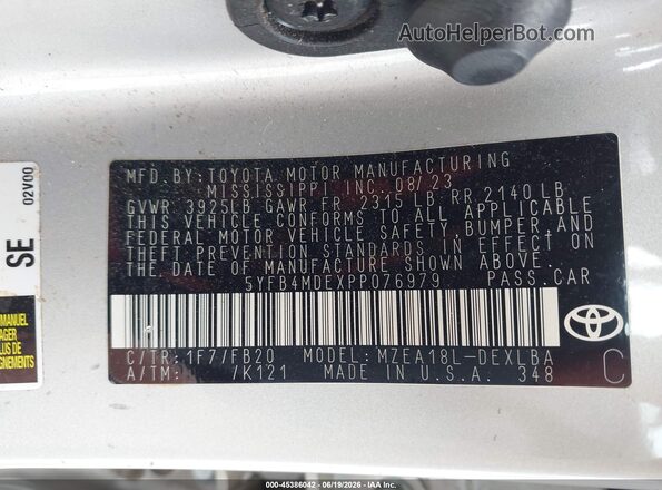 5YFB4MDEXPP076979 2023 TOYOTA COROLLA Silver Вид підкапотного простору