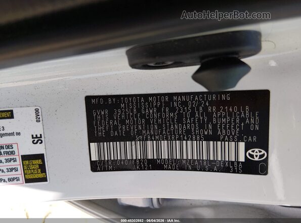 5YFB4MDEXRP142885 2024 TOYOTA COROLLA White Вид підкапотного простору
