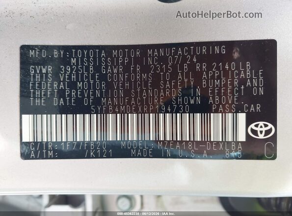 5YFB4MDEXRP194730 2024 TOYOTA COROLLA Silver Widok komory silnika