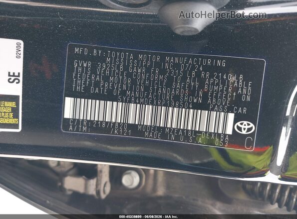 5YFB4MDEXRP198504 2024 TOYOTA COROLLA Black Vista del compartimento del motor