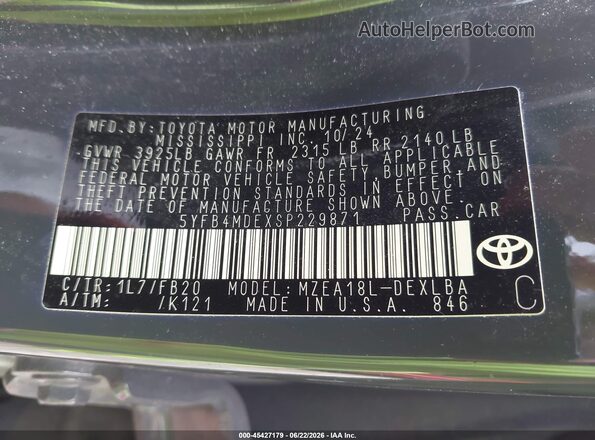 5YFB4MDEXSP229871 2025 TOYOTA COROLLA Black Widok komory silnika