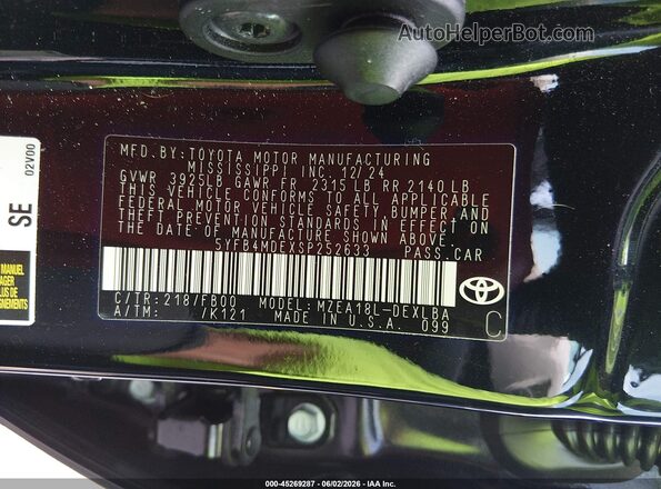 5YFB4MDEXSP252633 2025 TOYOTA COROLLA Black Вид підкапотного простору