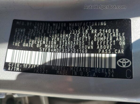 5YFB4MDEXSP261168 2025 TOYOTA COROLLA Silver Вид підкапотного простору