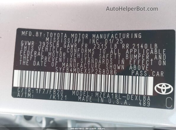 5YFB4MDEXSP268086 2025 TOYOTA COROLLA Silver Vista del compartimento del motor