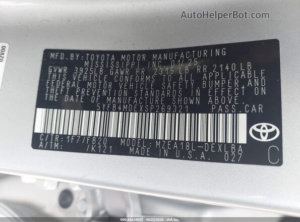 5YFB4MDEXSP269321 2025 TOYOTA COROLLA Серебряный Вид подкапотного пространства