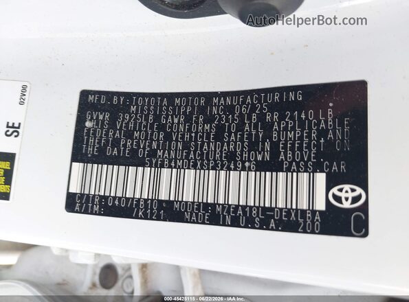 5YFB4MDEXSP324916 2025 TOYOTA COROLLA White ძრავის განყოფილების ხედი