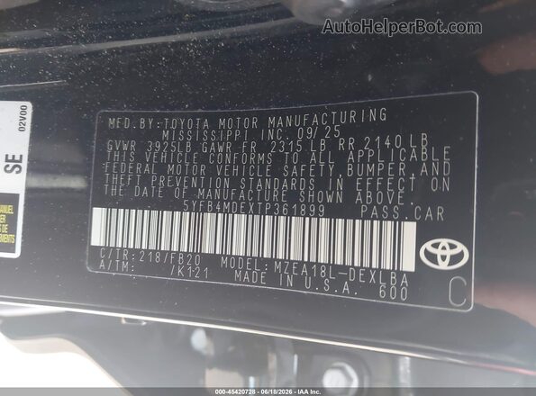 5YFB4MDEXTP361899 2026 TOYOTA COROLLA Black Вид підкапотного простору