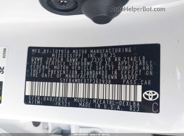 5YFB4MDEXTP362938 2026 TOYOTA COROLLA White Engine compartment view