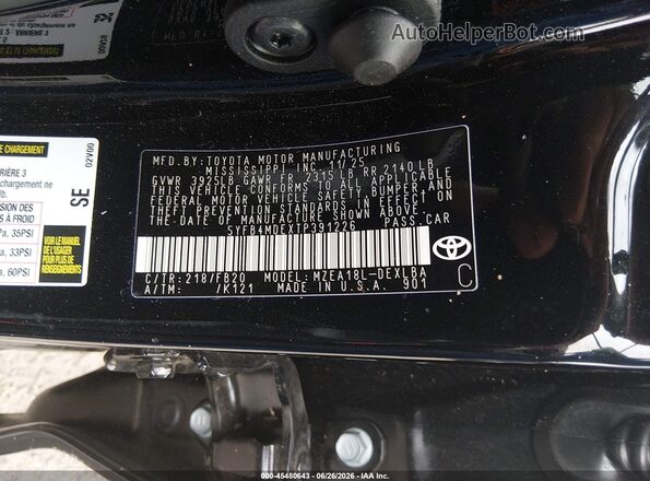 5YFB4MDEXTP391226 2026 TOYOTA COROLLA Black Вид підкапотного простору
