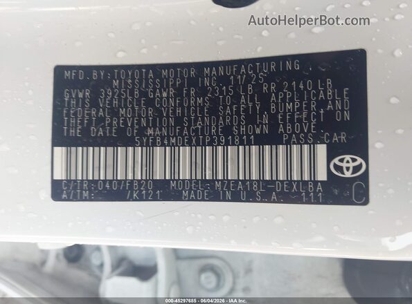 5YFB4MDEXTP391811 2026 TOYOTA COROLLA White Engine compartment view