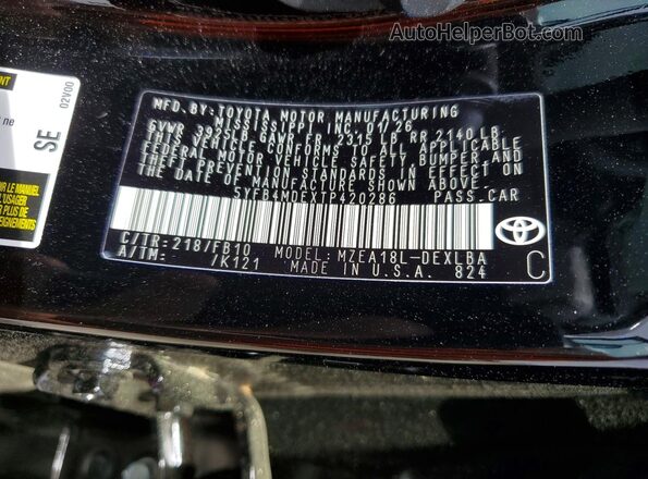 5YFB4MDEXTP420286 2026 TOYOTA COROLLA Black VIN կոդի պիտակի տեսք
