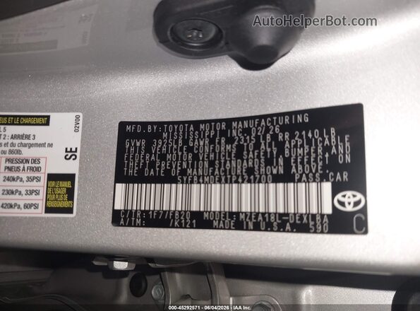 5YFB4MDEXTP421700 2026 TOYOTA COROLLA Серый Вид подкапотного пространства