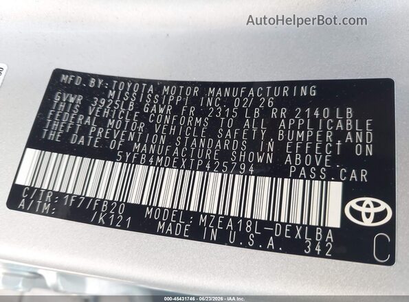 5YFB4MDEXTP425794 2026 TOYOTA COROLLA Серебряный Вид подкапотного пространства