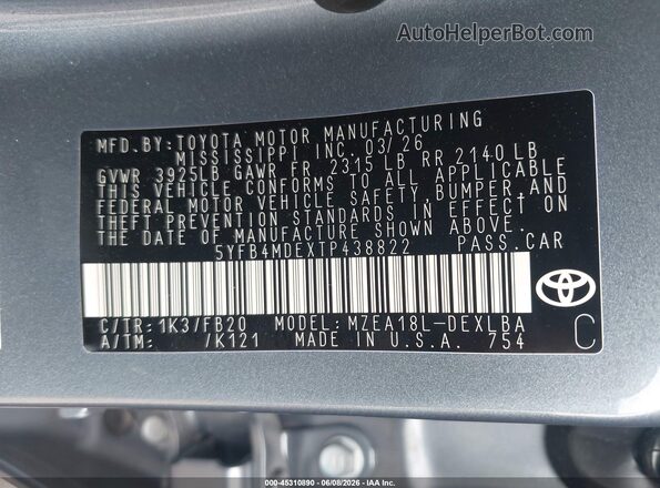 5YFB4MDEXTP438822 2026 TOYOTA COROLLA Gray Vista del compartimento del motor