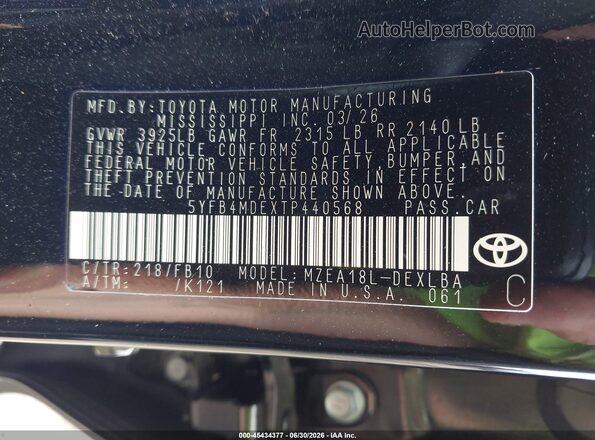 5YFB4MDEXTP440568 2026 TOYOTA COROLLA Black Widok komory silnika