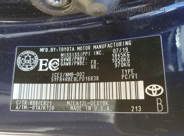 5YFB4RBE8LP016838 2020 TOYOTA COROLLA Blue Engine compartment view