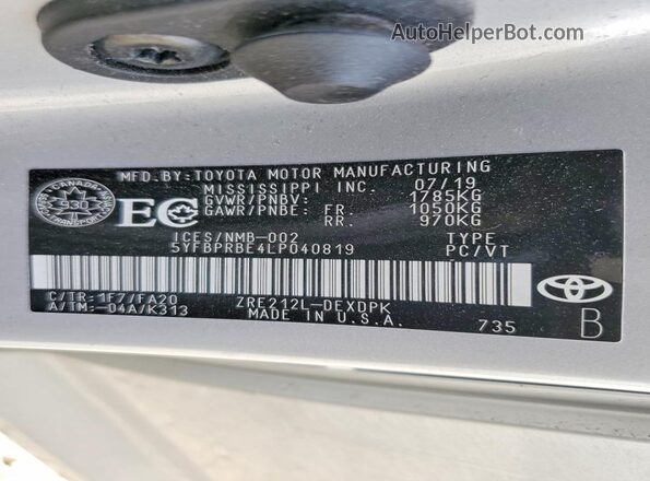 5YFBPRBE4LP040819 2020 TOYOTA COROLLA Silver 