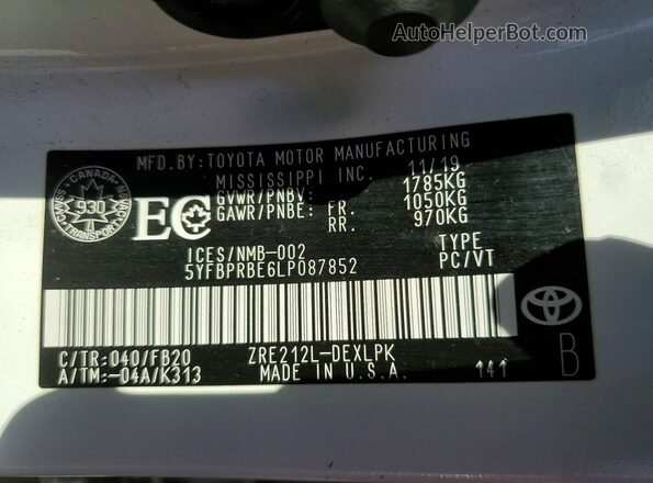 5YFBPRBE6LP087852 2020 TOYOTA COROLLA Белый Вид подкапотного пространства