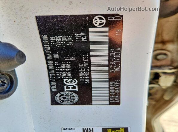 5YFBPRBE7LP013730 2020 TOYOTA COROLLA White 