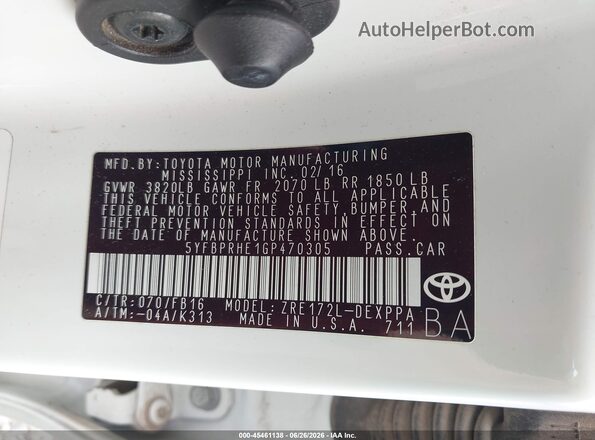 5YFBPRHE1GP470305 2016 TOYOTA COROLLA White Вид підкапотного простору