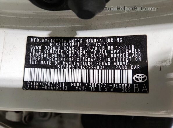 5YFBPRHE1KP924934 2019 TOYOTA COROLLA White Widok naklejki z numerem VIN