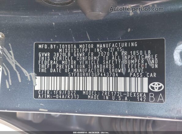 5YFBURHE0GP443704 2016 TOYOTA COROLLA Blue Вид підкапотного простору