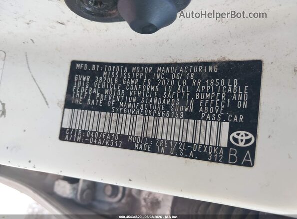 5YFBURHE0KP866159 2019 TOYOTA COROLLA White Widok komory silnika