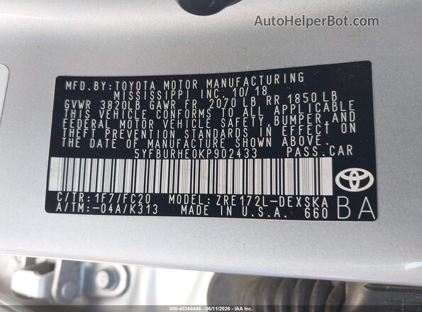 5YFBURHE0KP902433 2019 TOYOTA COROLLA Серебряный Вид подкапотного пространства