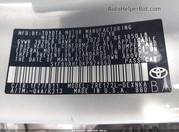 5YFBURHE0KP924660 2019 TOYOTA COROLLA Silver ძრავის განყოფილების ხედი