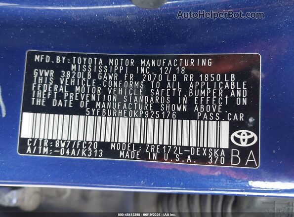 5YFBURHE0KP925176 2019 TOYOTA COROLLA Blue ძრავის განყოფილების ხედი