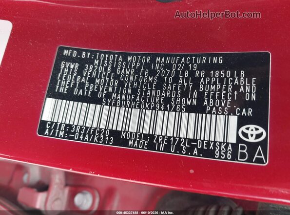 5YFBURHE0KP941765 2019 TOYOTA COROLLA Red Engine compartment view